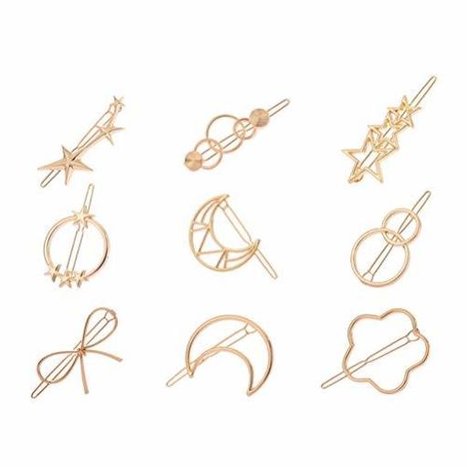 Frcolor ヘアピン 前髪クリップ ゴールド 髪留め ヘアクリップ スリーピン ぱっちん留め 金 前髪 月 星 シンプル 9個セット 子供・大人用